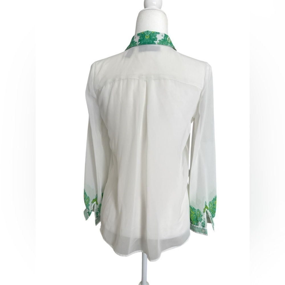 INC White Green Floral Scarf Print Blouse Women’s 4 Semi Sheer Button - Picture 3 of 8